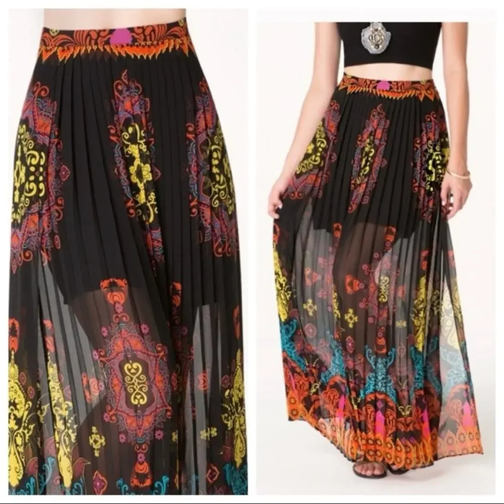 Bebe Maxi Skirt Pleated Chiffon Flowy Boho Colorful Bohemian Size 8 Black Multi